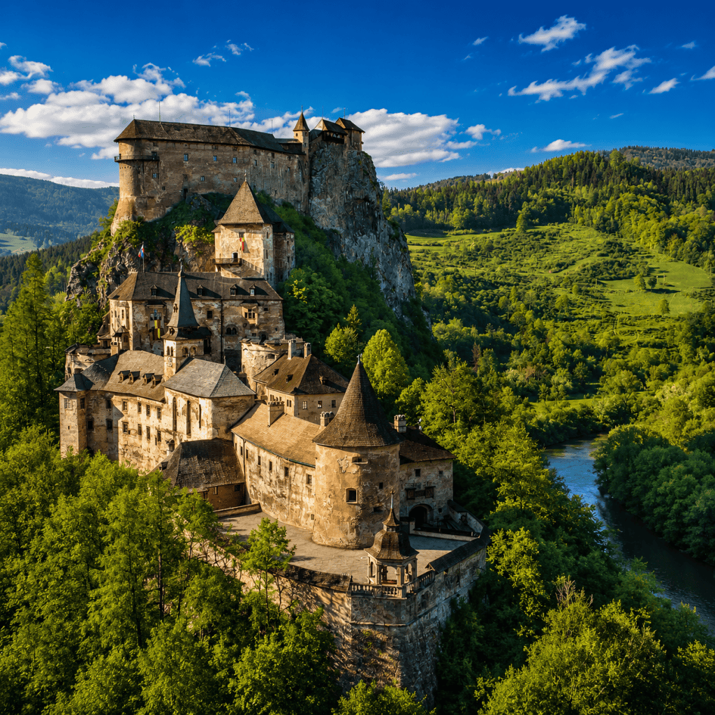 Orava Castle perched on a cliff above the Orava River