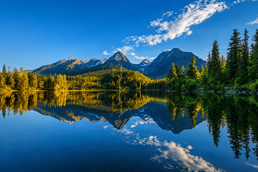 High Tatras peaks mirrored in calm Strbske Pleso lake