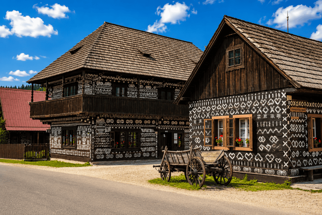 Painted wooden houses with white folk patterns in Cicmany village