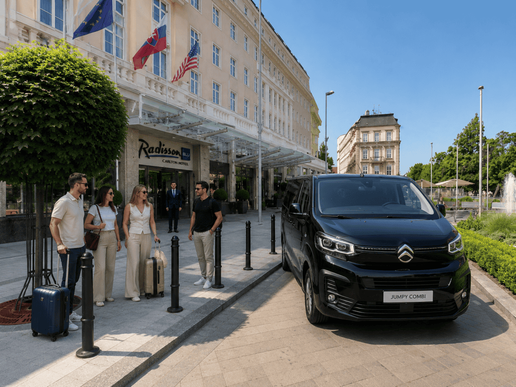 Travelers with luggage boarding black tour van outside Bratislava hotel