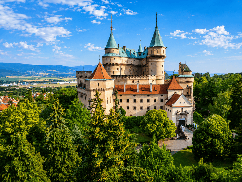 Aerial view of Bojnice Castle and its turrets