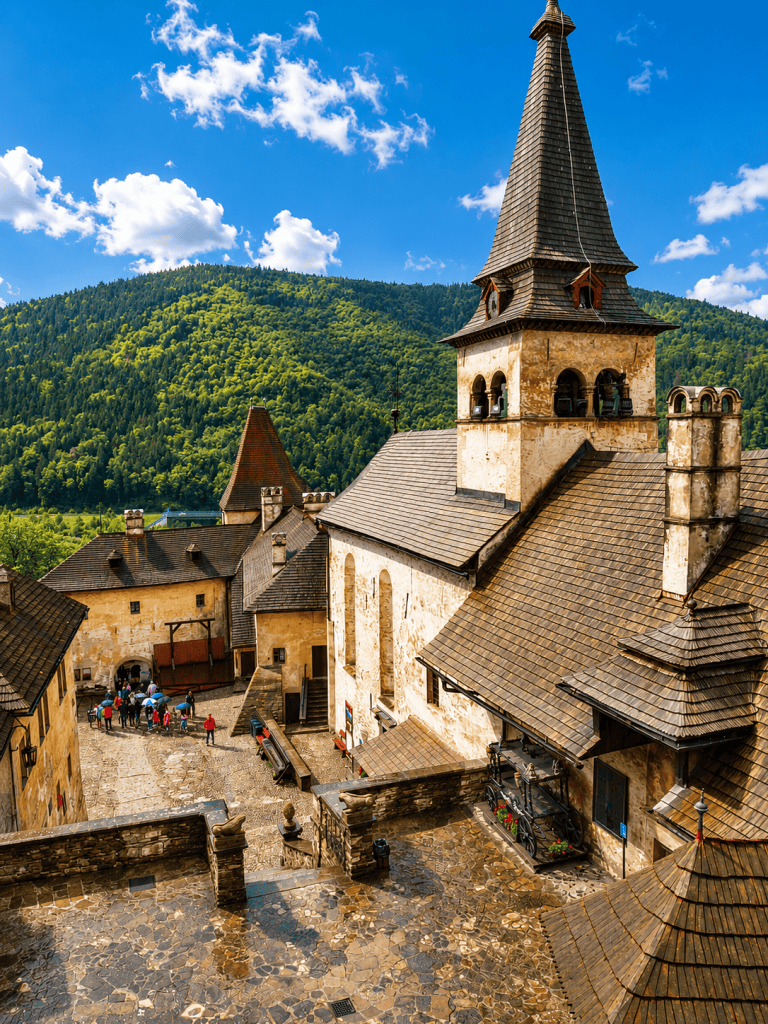 A Slovak castle and village rooftops