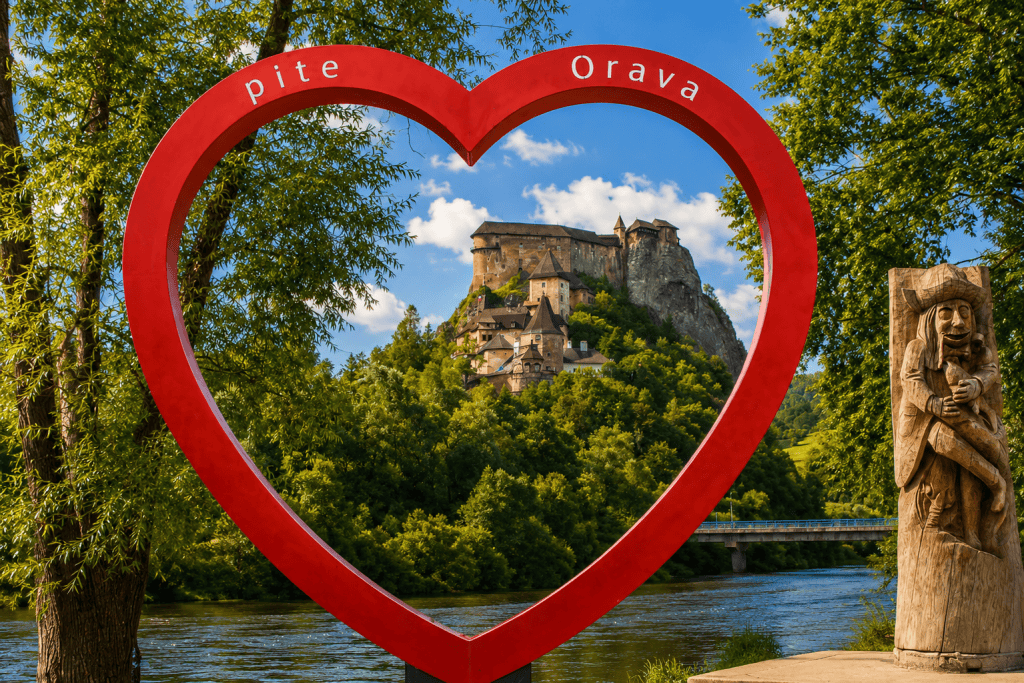 Orava Castle framed by red heart sculpture above the river