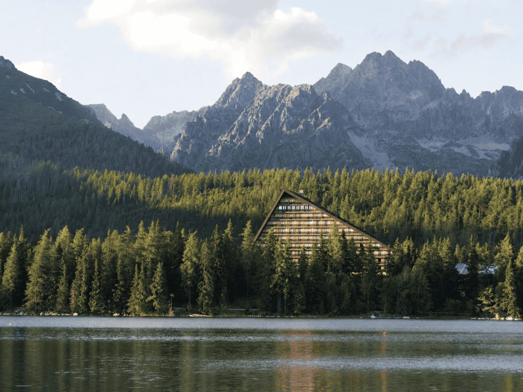 Strbske Pleso lake and hotel beneath High Tatras peaks