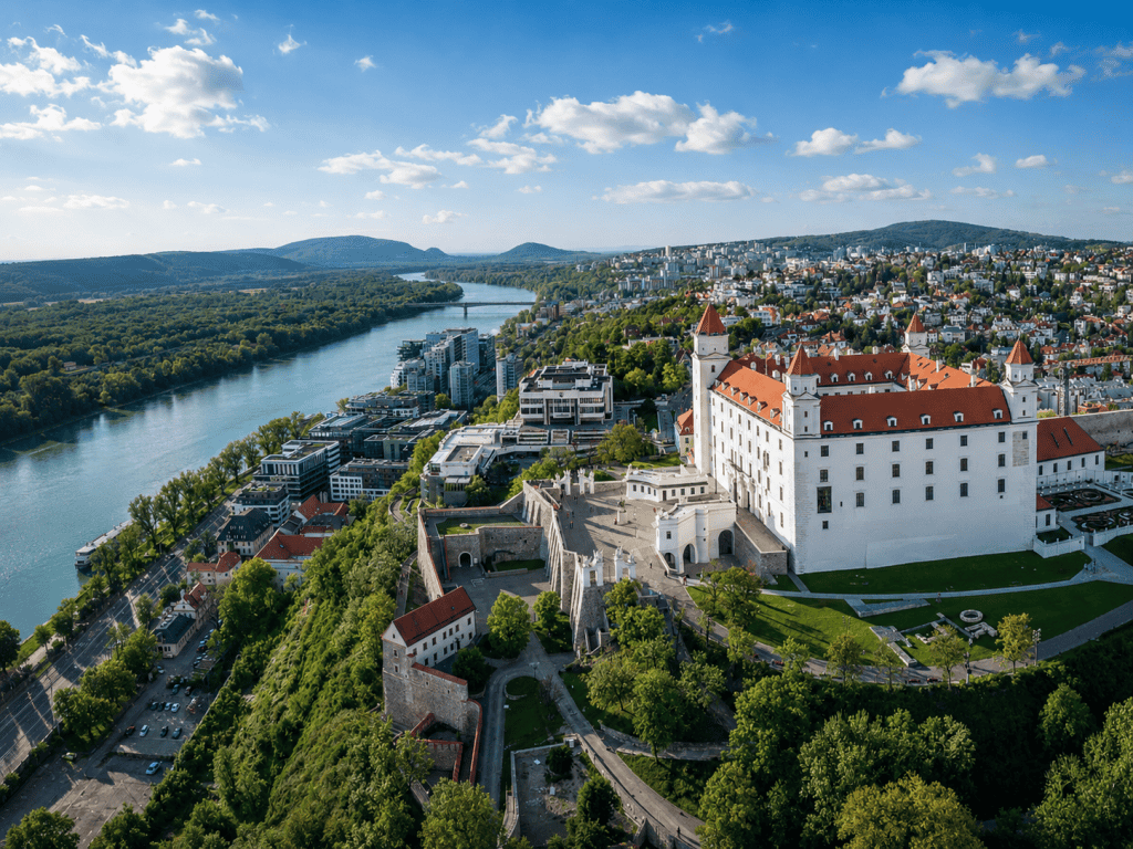 Aerial view of Bratislava Castle above the Danube river