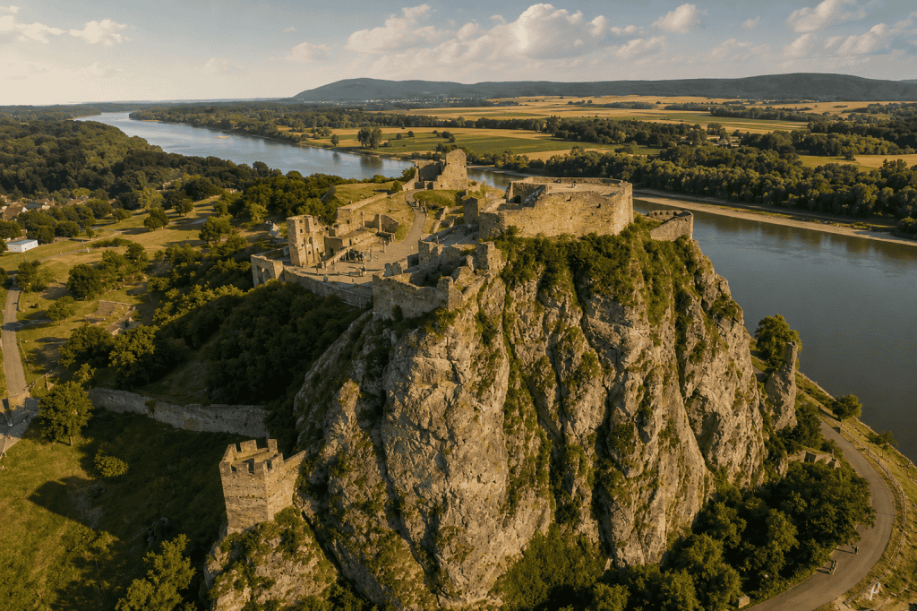 Aerial view of Devín Castle and the Danube