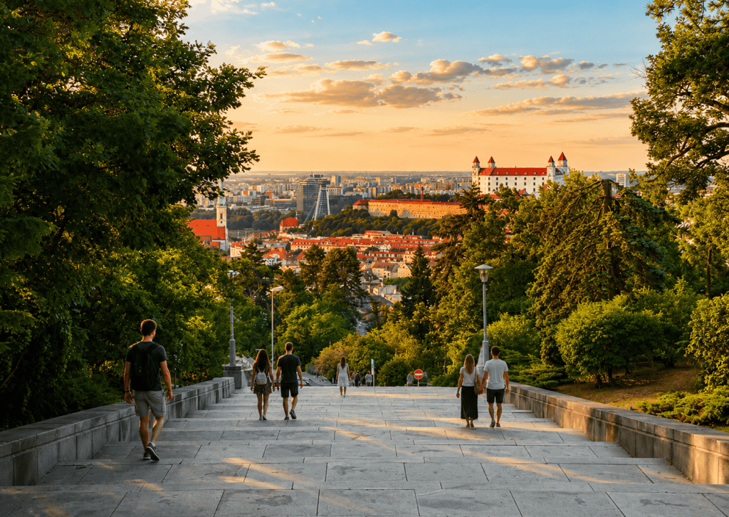 Visitors descending steps with Bratislava Castle skyline view