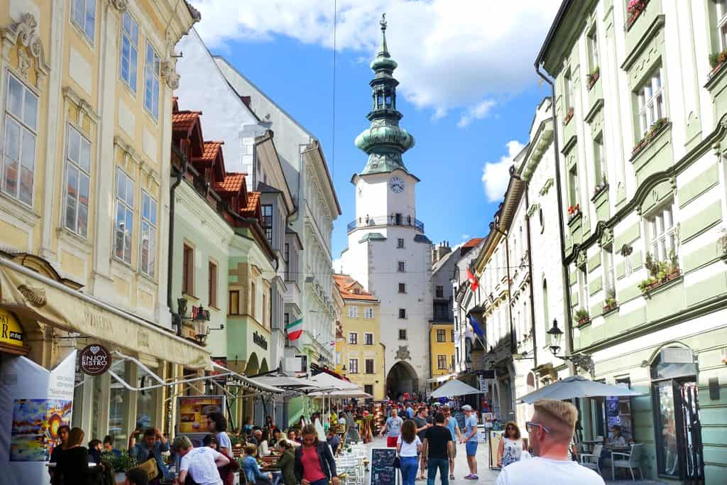Bratislava Old Town main square with cafés