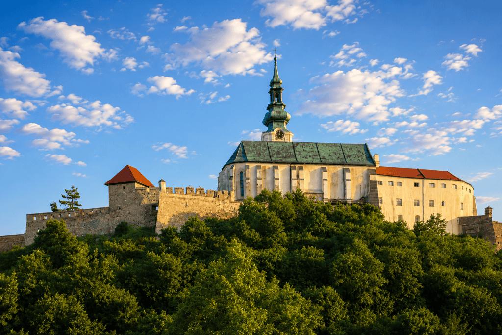 Nitra Castle walls and cathedral tower above green treetops