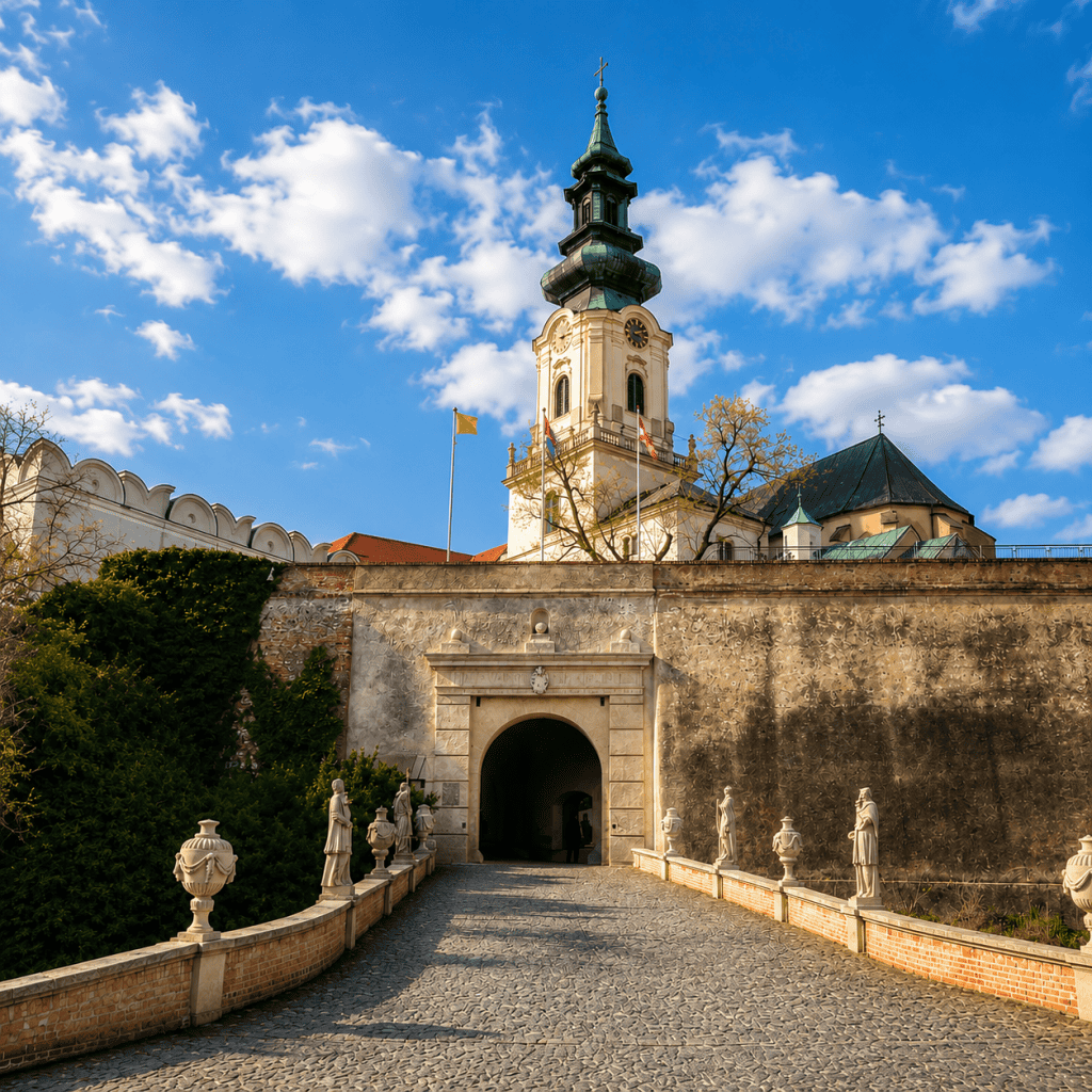 Cobblestone approach to Nitra Castle gate with baroque bell tower