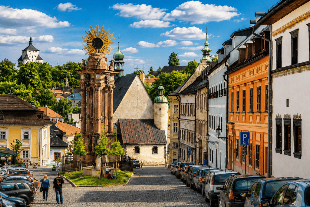 Holy Trinity Square in Banska Stiavnica with New Castle above