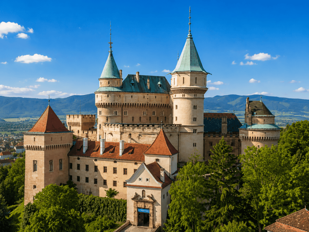 Bojnice Castle turquoise turrets rising above wooded parkland