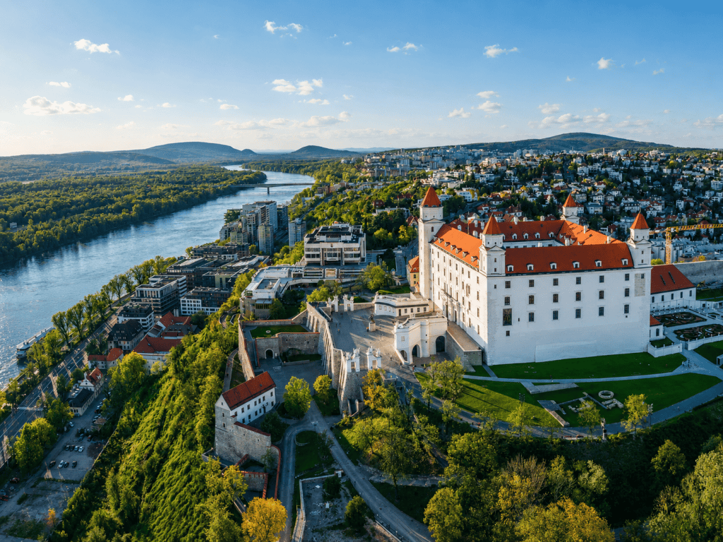 Aerial view of Bratislava Castle above the Danube