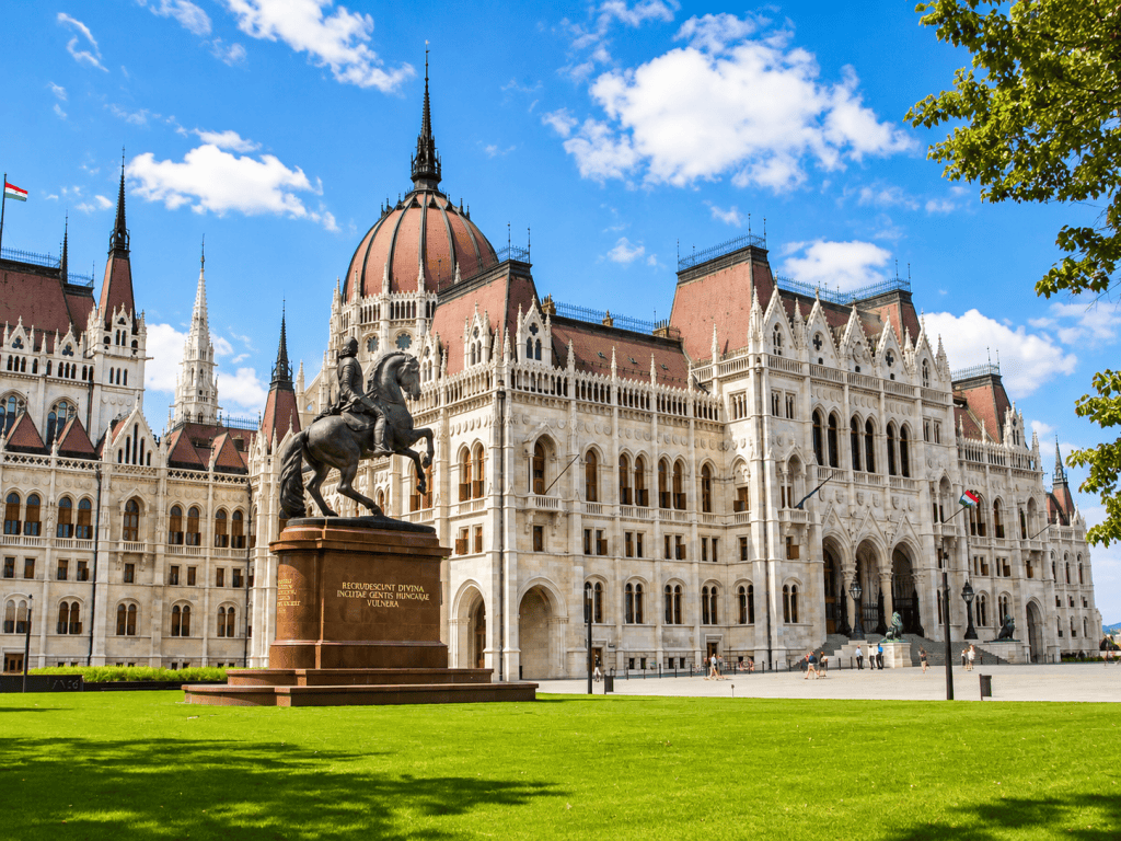 Hungarian Parliament building and equestrian statue in Budapest