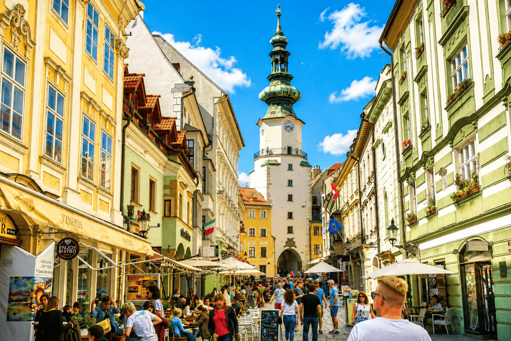 Busy cafe street below Michael's Gate in Bratislava