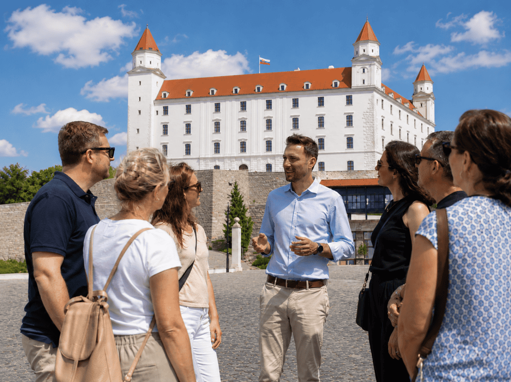Tour guide talking with small group below Bratislava Castle