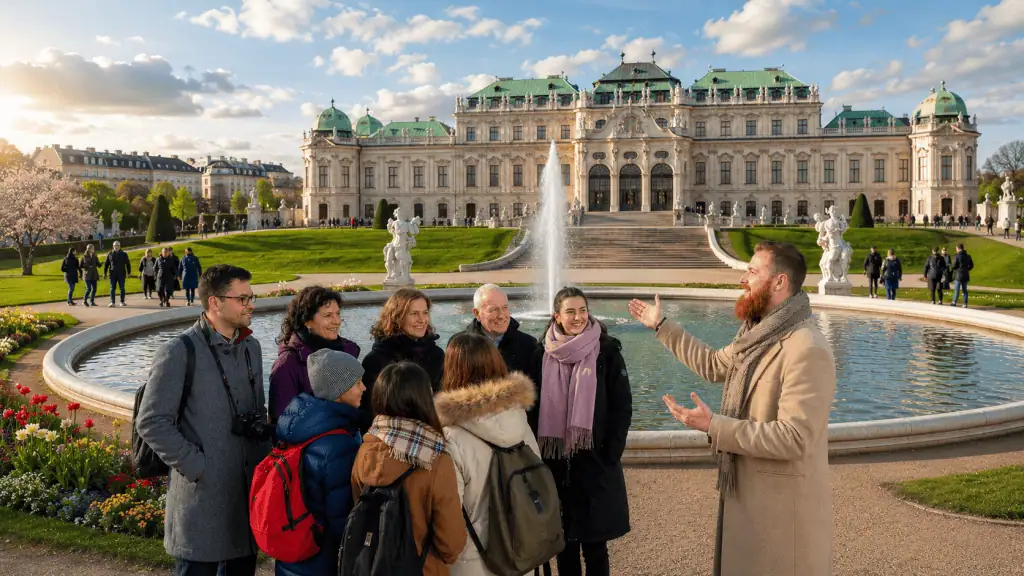 Guide talking to travelers by Belvedere Palace fountain in Vienna