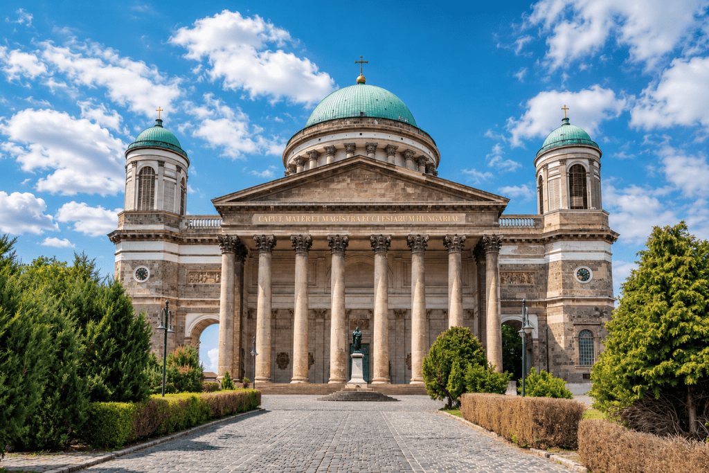 Esztergom Basilica facade with green dome and columns