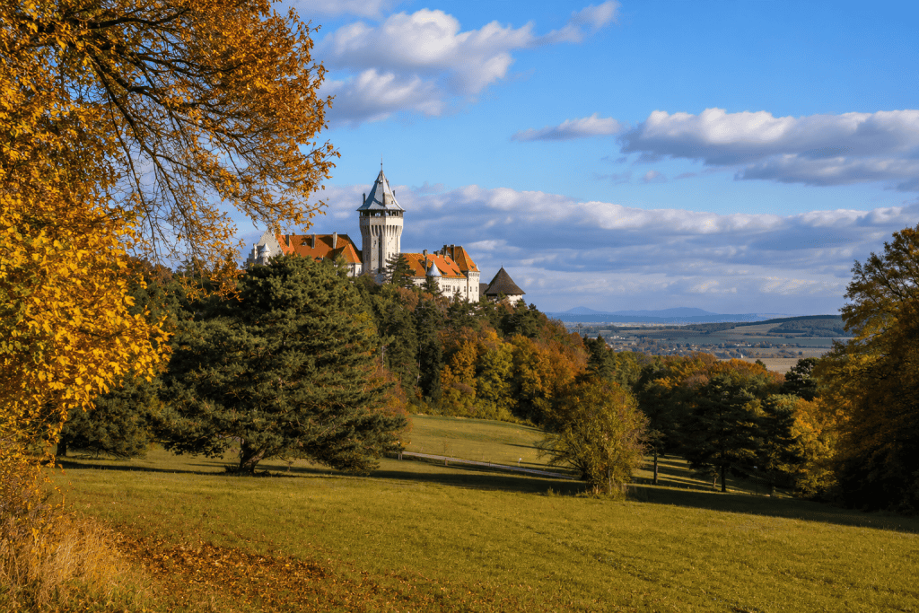 Smolenice Castle overlooking autumn countryside in western Slovakia